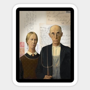 American Gothic Plain Couple on Antique Postcard Collage Sticker